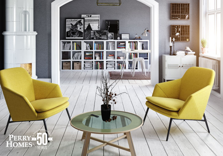 yellow chairs next to glass coffee table with bookshelf in the background